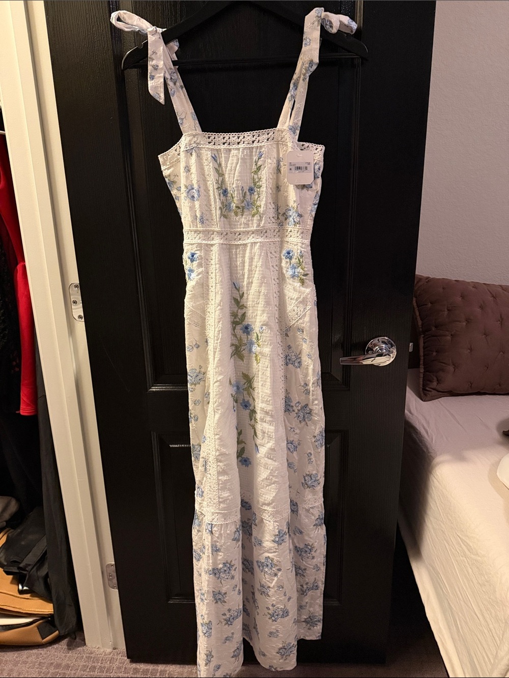 Altar'd State White Maxi Dress with Blue Floral Print